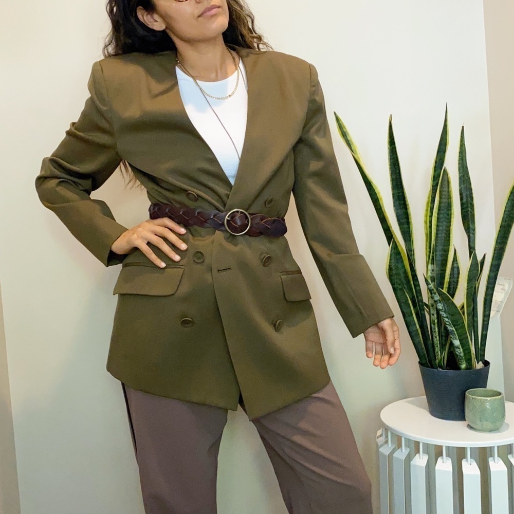 Vintage 90s Oversized Olive Green Wool Double Breasted Blazer Size 8 - Picture 2 of 9
